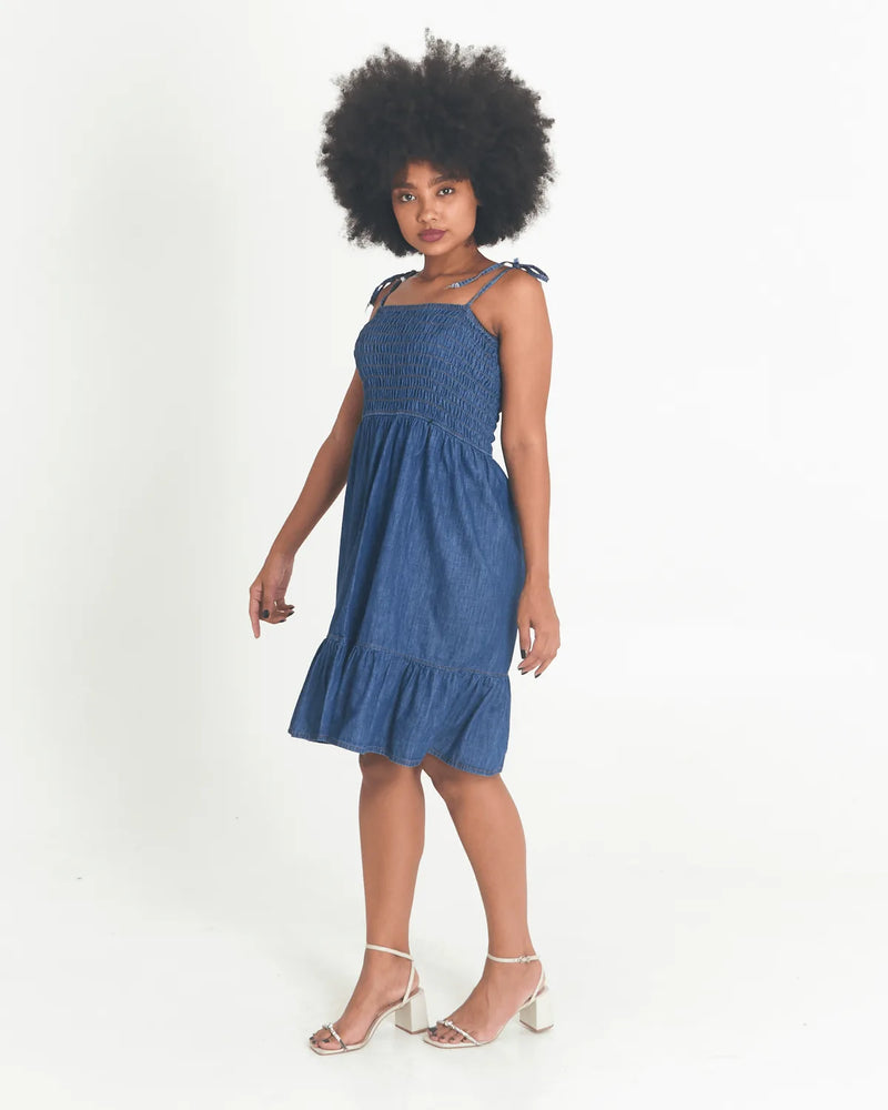 VESTIDO MODASIL CURTO LASTEC AMARRACAO JEANS ESCURO G